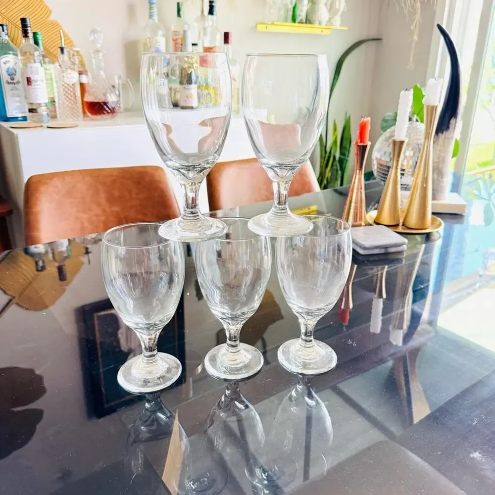 VINTAGE Clear Water Wine Heavy Thick Glass Goblet Stem Drink Ware Glasses Set 5